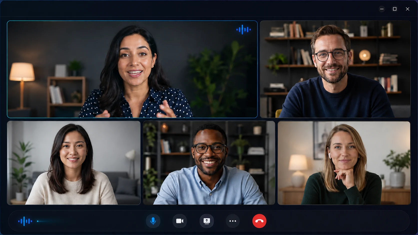 A clear five-person video meeting with Kleervox noise cancellation active