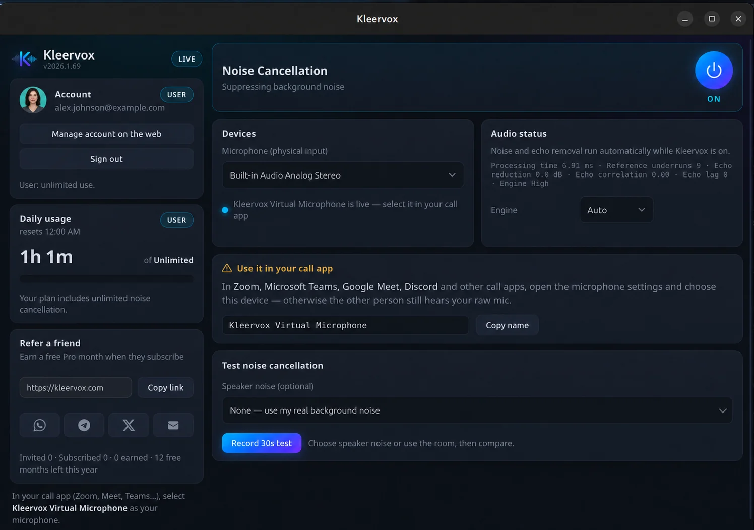 The Kleervox desktop app showing noise cancellation, microphone selection, and audio status controls