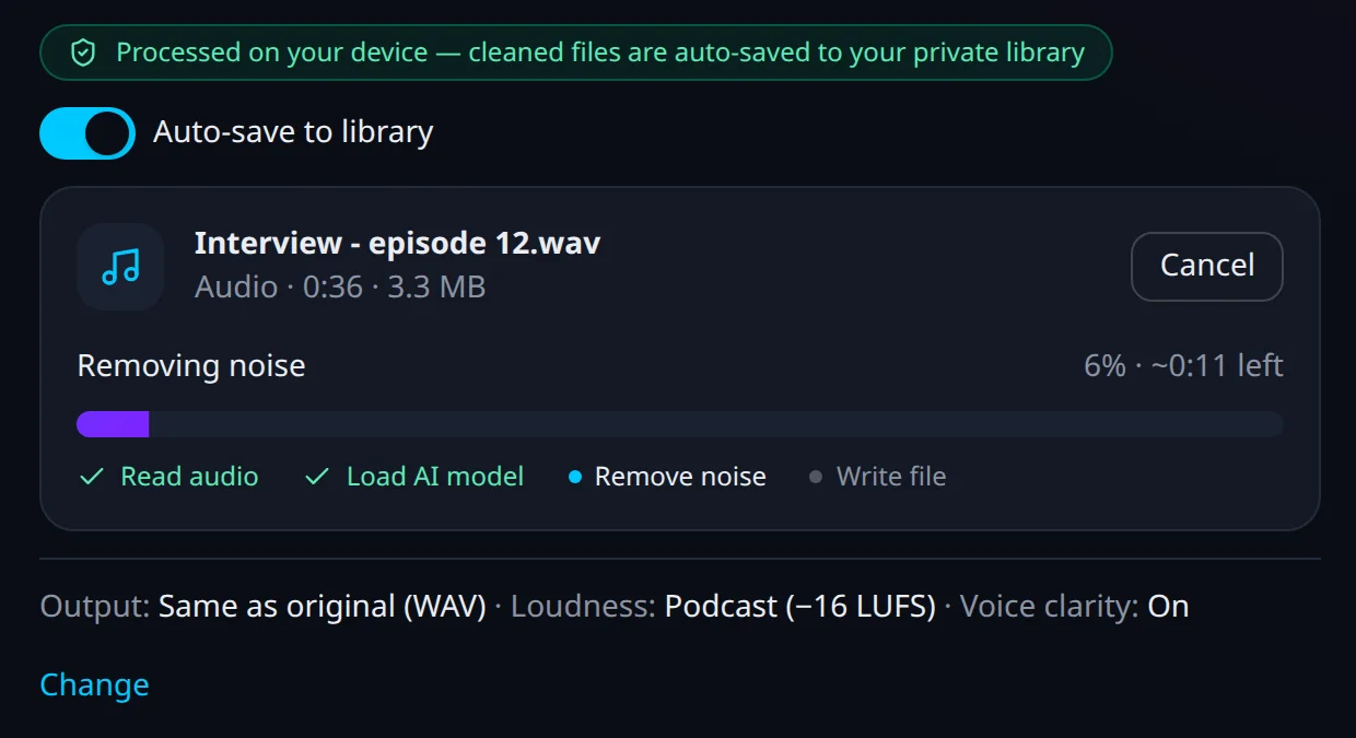 Kleervox File Cleanup removing noise from a recording in the browser, with the steps Read audio, Load AI model, Remove noise and Write file