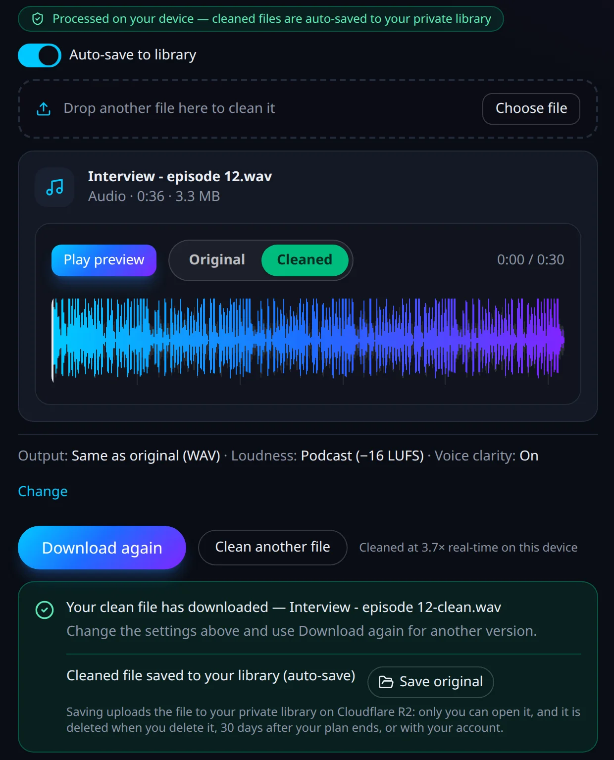 Kleervox File Cleanup after cleaning an interview recording: original and cleaned preview with waveform, Download again button, and the cleaned file saved to the private library